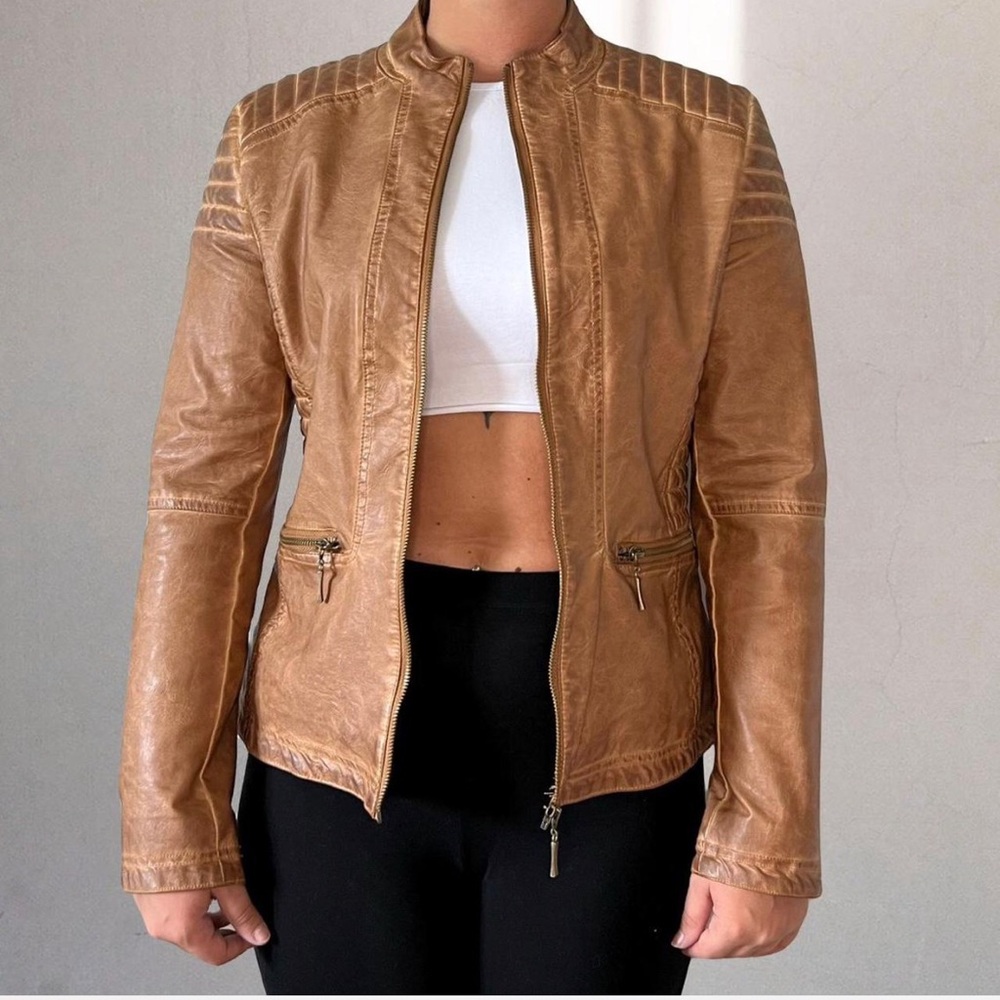NWT Women's Tan Cognac Brown Faux Leather Moto Racer Jacket Size Small